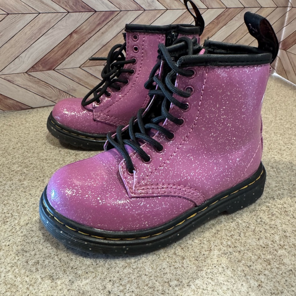 Kids size 8 purplepink sparkly doc Martens with side zip.  Lace up
